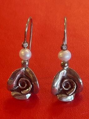 VTG Israel Sterling 825 Tulip Drop Earrings Cultured Pearl Classic Fresh Style